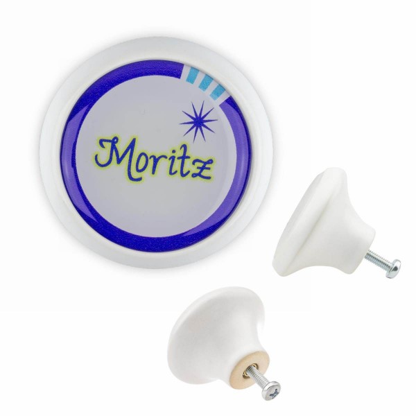Designer Möbelknopf MKSP018 FM005W Weiss Name Moritz Motiv