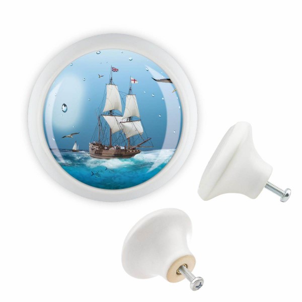 Designer Möbelknopf MKSP004 03420W Weiss Piratenschiff Boot Motiv