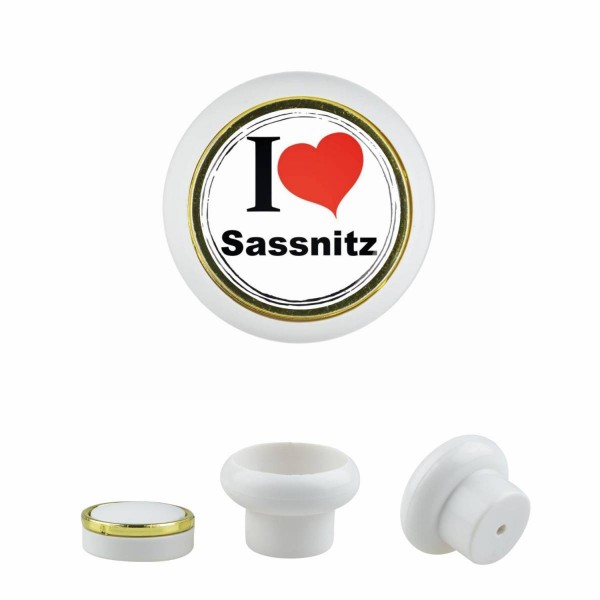 Designer Kunststoff Möbelknopf KSTSP017 KST00095W Weiss I Love Sassnitz Motiv