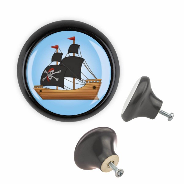 Designer Möbelknopf MKSP004 03417S Schwarz Piratenschiff Boot Motiv